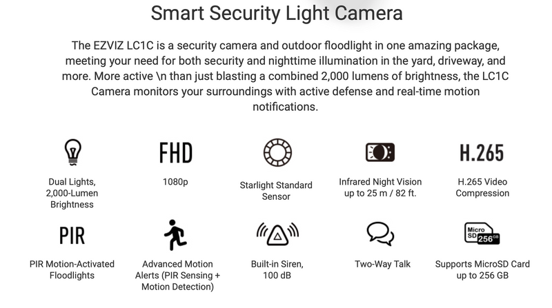 Ezviz LC1C 2MP 1080p White Smart Floodlight Wi-Fi Camera & Alarm System